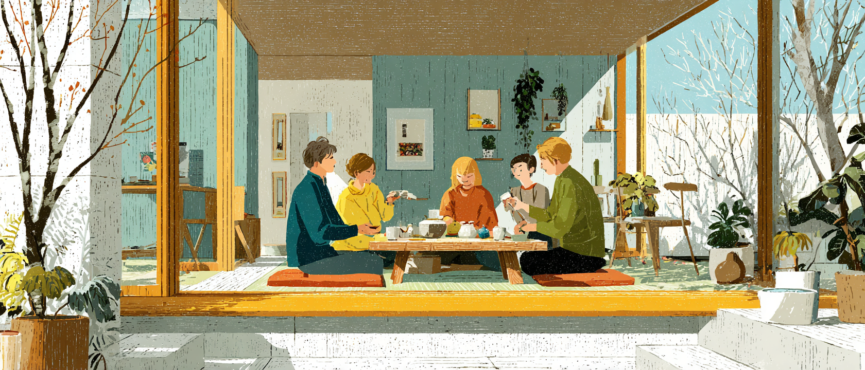 Neighbours gathered on a sunlit engawa, sharing matcha tea together